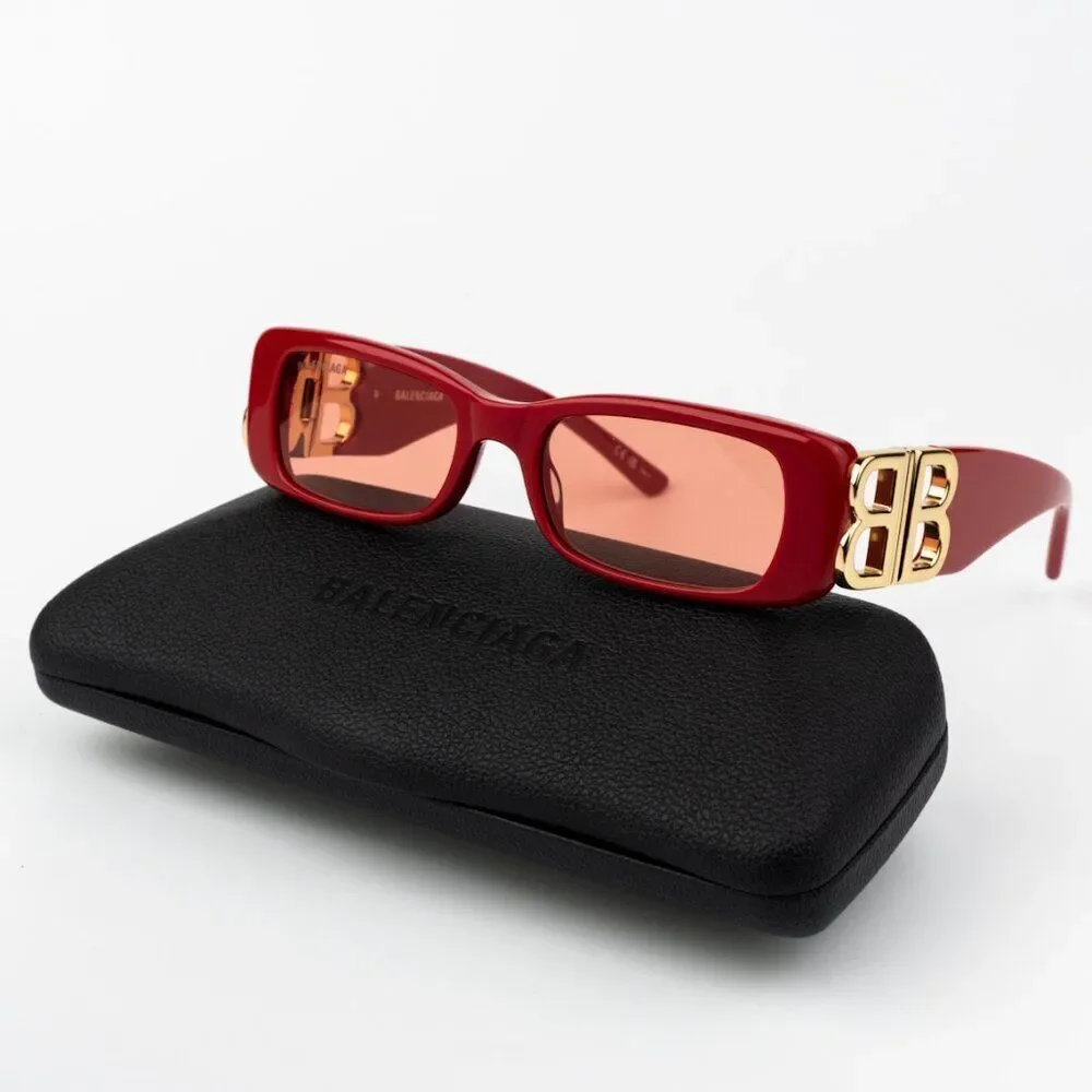 SALE! NEW Balenciaga BB0096S 003 Red Gold Logo Rectangle Women Sunglasses